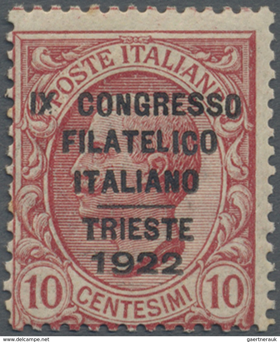 ** Italien: 1922, Philatelic Congress, 10c. Rose Unmounted Mint, Slightly Toned Perf, Signed And Certif - Marcofilie