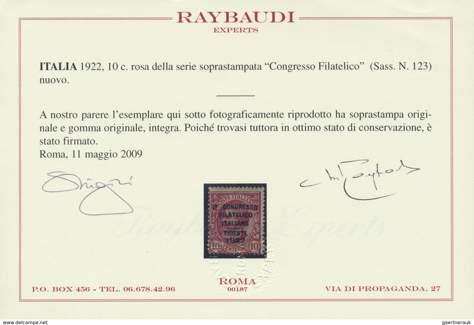 ** Italien: 1922, Philatelic Congress, 10c. Rose Unmounted Mint, Slightly Toned Perf, Signed And Certif - Marcofilie