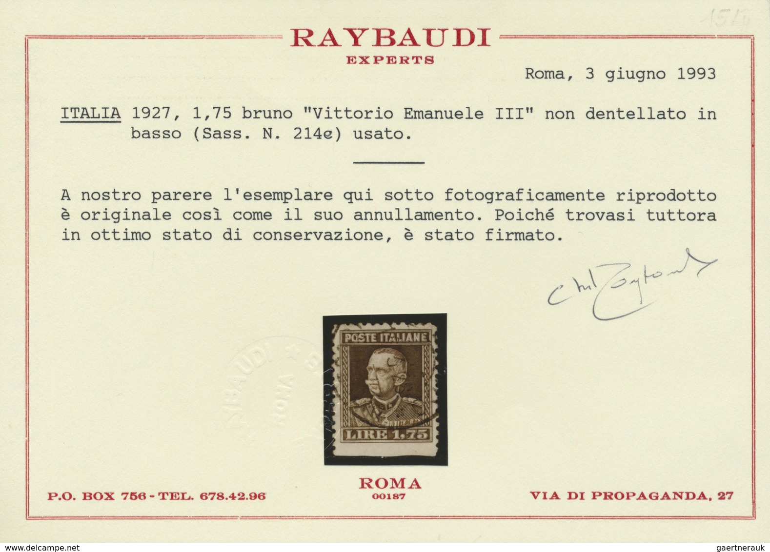 O Italien: 1927, 1.75l. Brown Showing Variety "imperforate At Base", Neatly Cancelled, Signed And Cert - Marcophilie