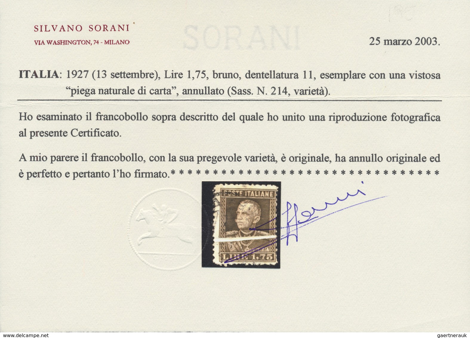 O Italien: 1927, König Viktor Emanuel III. 1,75 L. Braun Gez. 11 Mit Horiz. Breiter PAPIERFALTE Sauber - Marcophilie