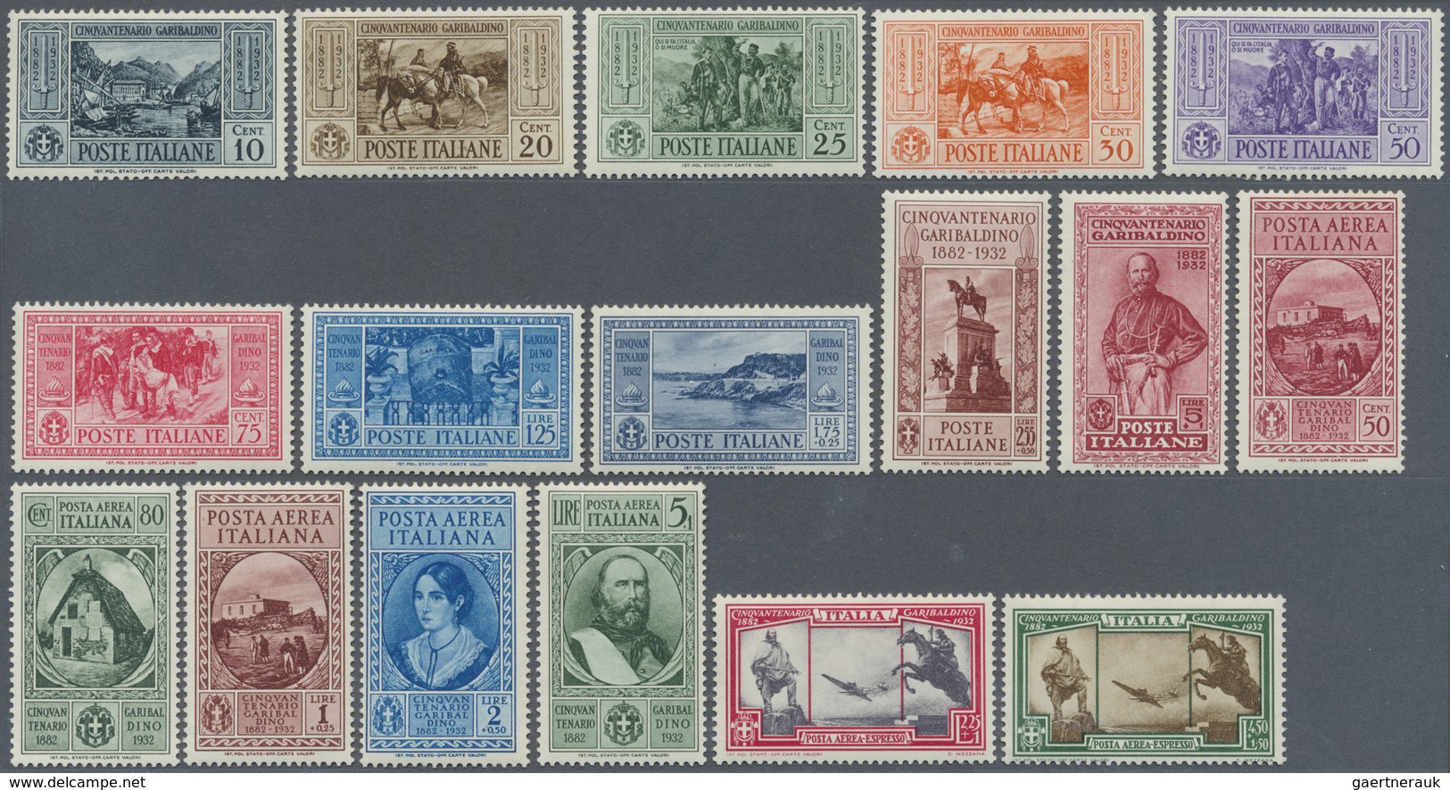 ** Italien: 1932, Garibaldi, Complete Set Of 17 Values (few With Natural Brownish Gum Toning, Mentioned - Marcophilie