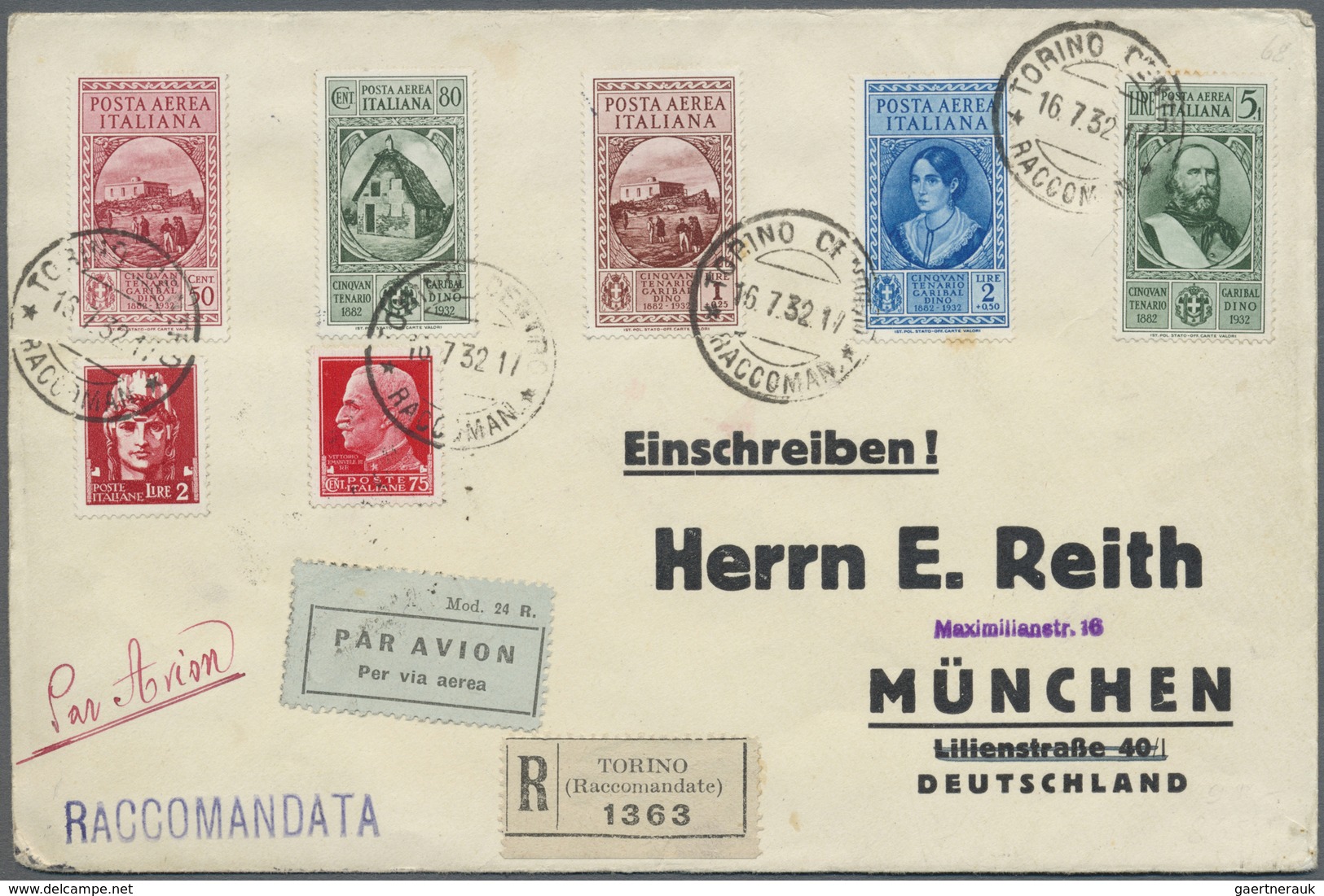 Br Italien: 1932, Garibaldi, Airmails 50c. To 5l. (two Stamps Toned Perfs), With Additional Franking On - Marcophilie