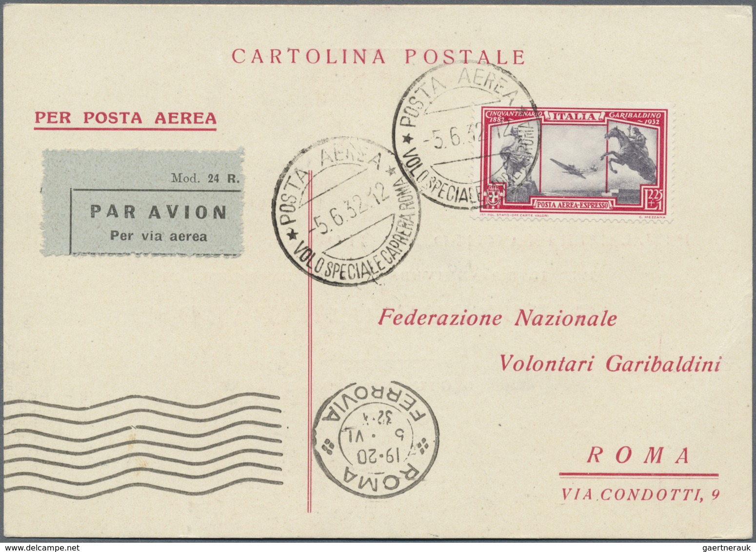 Br Italien: 1932, Volo CAPRERA - ROMA, Cartolina Del 5.6.1932 Affrancata Con Aereo - Espresso 2,25 + 1 - Marcophilie