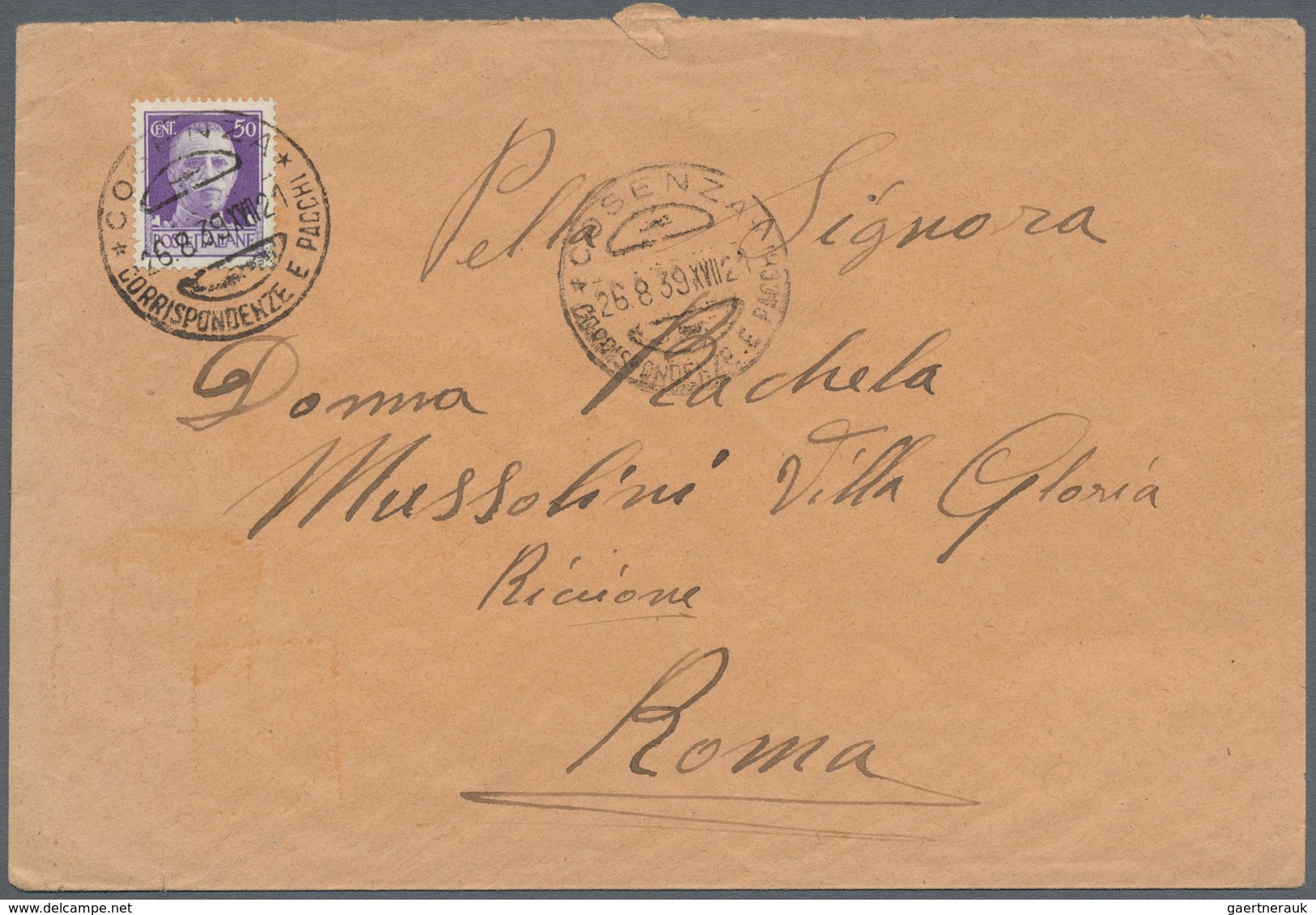 Br Italien: 1939/1940. Lot With 2 Covers: 1 Cover From "Cosenza 26.8.39" To RACHELE MUSSOLINI, Roma And - Marcophilie
