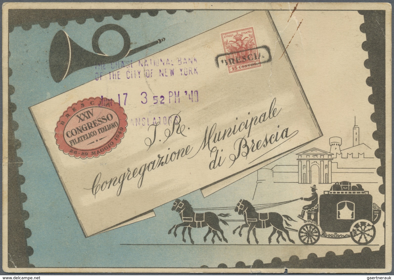 Italien: 1949, "XXIV Congresso Filatelico Italiano Brescia" Official Postcard With Vignette And Stam - Marcophilie