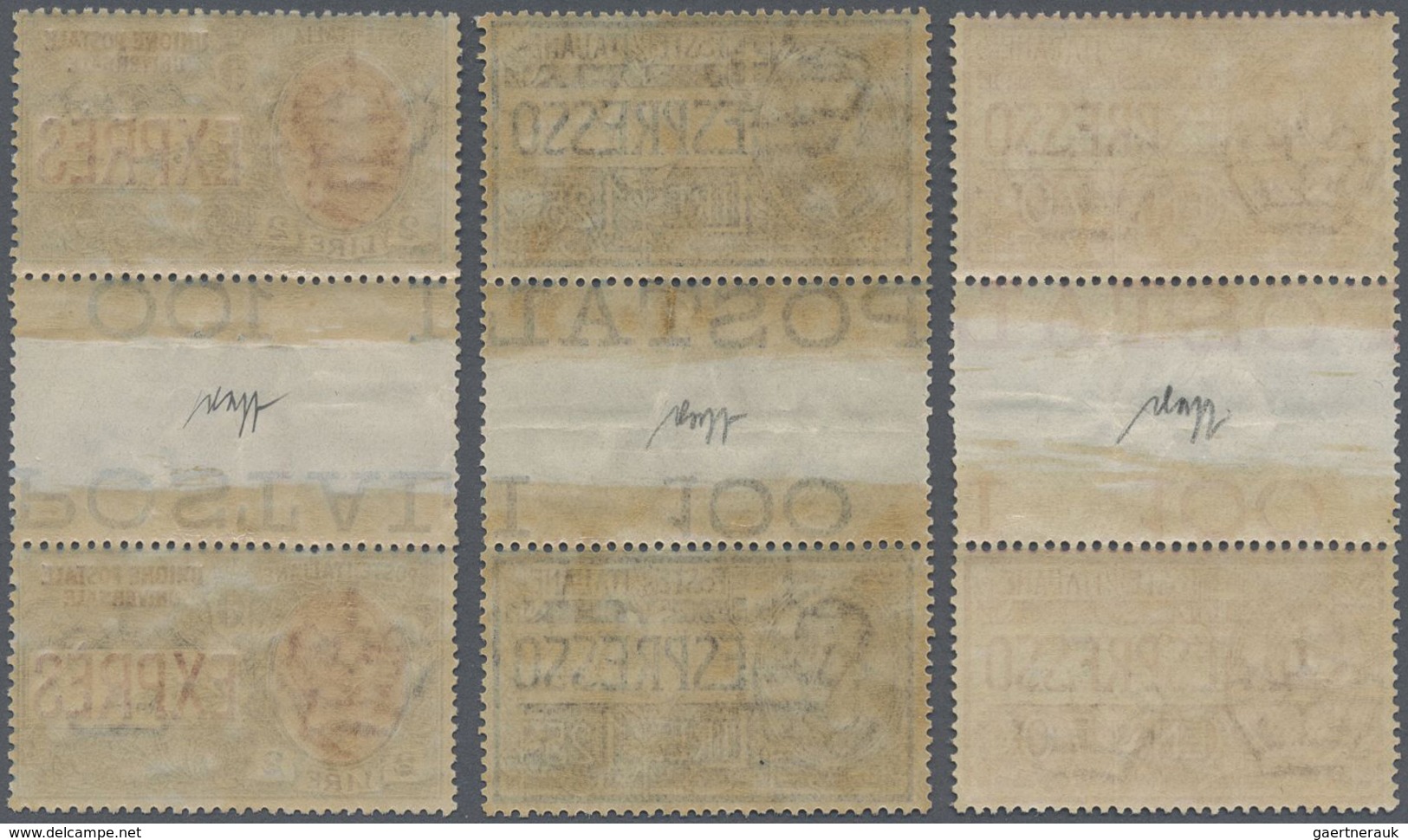 ** Italien - Zusammendrucke: 1925/1926 3 Express-Stamps In Vertical Gutter Pairs. Each Folded And Signe - Non Classés