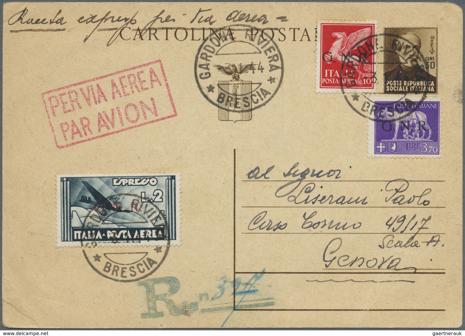 GA Italien - Militärpostmarken: Nationalgarde: 1944, G.N.R. Overprints, Airmails 2l. Slate And 10l. Car - Andere & Zonder Classificatie