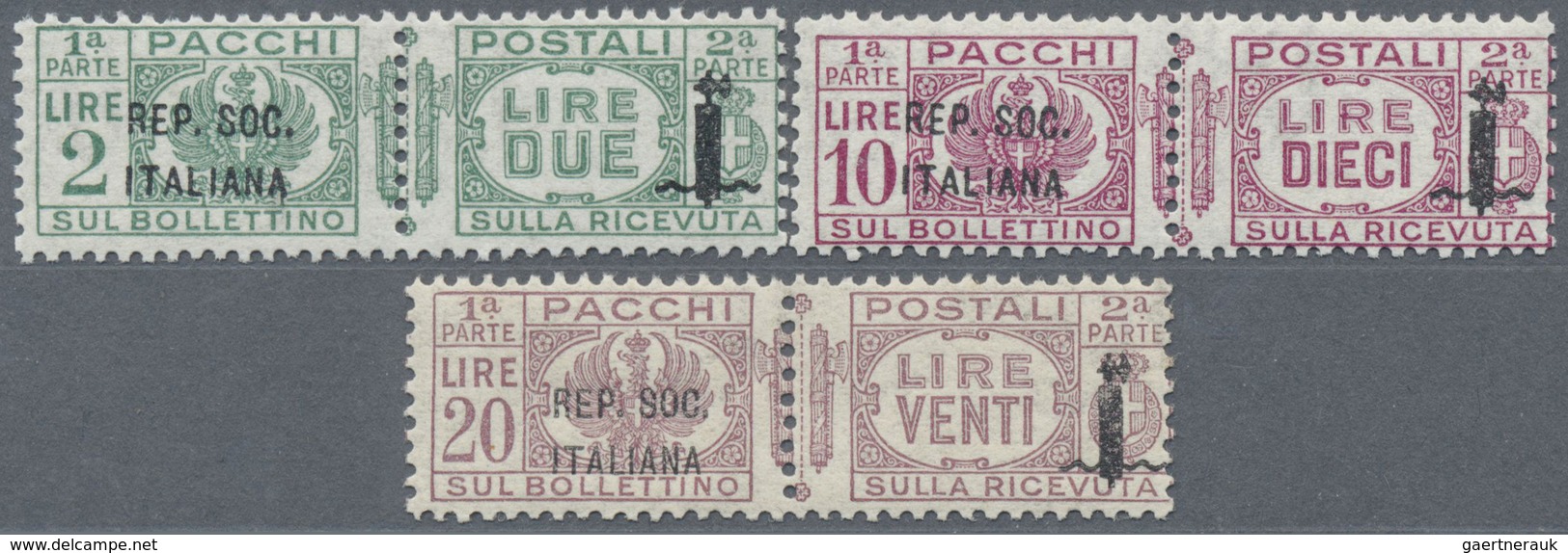 ** Italien - Paketmarken: 1944, "REPUBBLICA SOCIALE" Overprints, 2l. Green, 10l. Lilac And 20l. Lilac, - Pacchi Postali