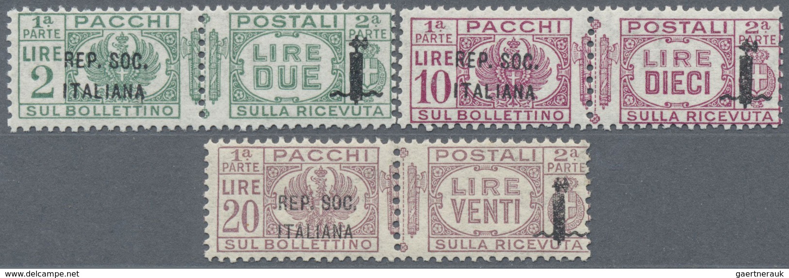 ** Italien - Paketmarken: 1944, "REPUBBLICA SOCIALE" Overprints, 2l. Green, 10l. Lilac And 20l. Lilac, - Postpaketten