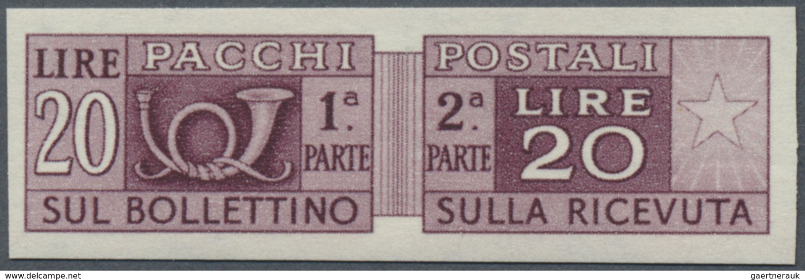 ** Italien - Paketmarken: 1946, Posthorn Und Wertziffer 20 L. Dunkelpurpur UNGEZÄHNT Und Postfrisch, Sa - Postpaketten