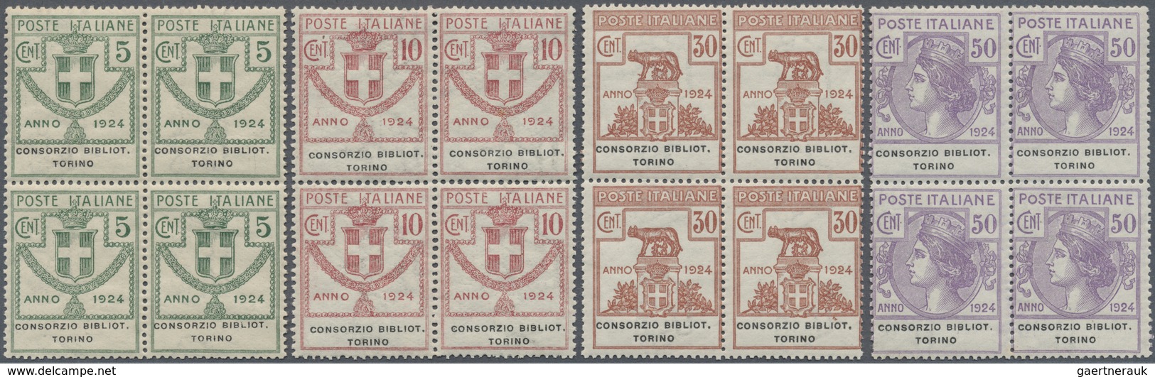 **/ Italien - Portofreiheitsmarken: 1924, CONSORZIO BIBLIOT.TORINO, 5c. To 50c., Complete Set As Blocks - Franchise