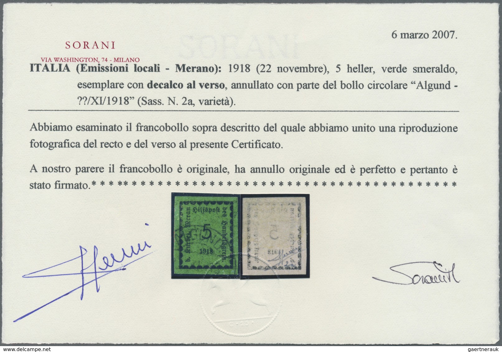 O Italien - Lokalausgaben 1918 - Meran: 1918: Hilfspost Meran, 5 Heller Smaragd (dunkel) Mit „Abklatsc - Merano