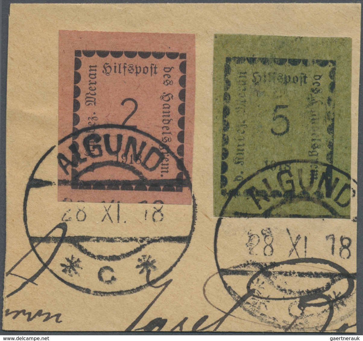 Brfst Italien - Lokalausgaben 1918 - Meran: 1918, Hilfspost Meran, Briefstück 5 Heller Olivgrün Und 2 Hell - Merano