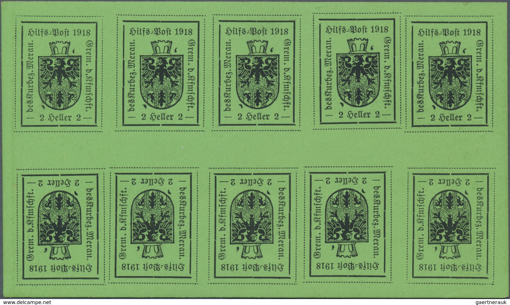 * Italien - Lokalausgaben 1918 - Meran: 1918, 2h. Black On Bright Green, Mini Sheet Of Ten Stamps (fiv - Merano