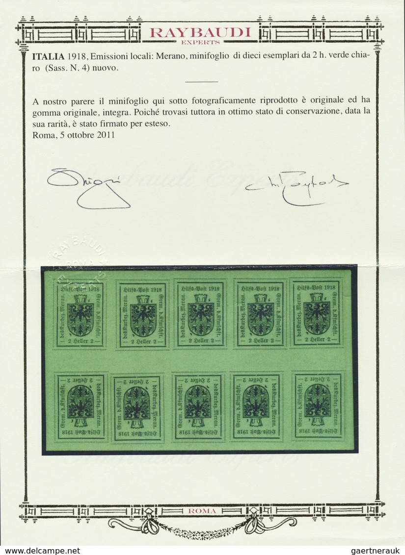 * Italien - Lokalausgaben 1918 - Meran: 1918, 2h. Black On Bright Green, Mini Sheet Of Ten Stamps (fiv - Merano