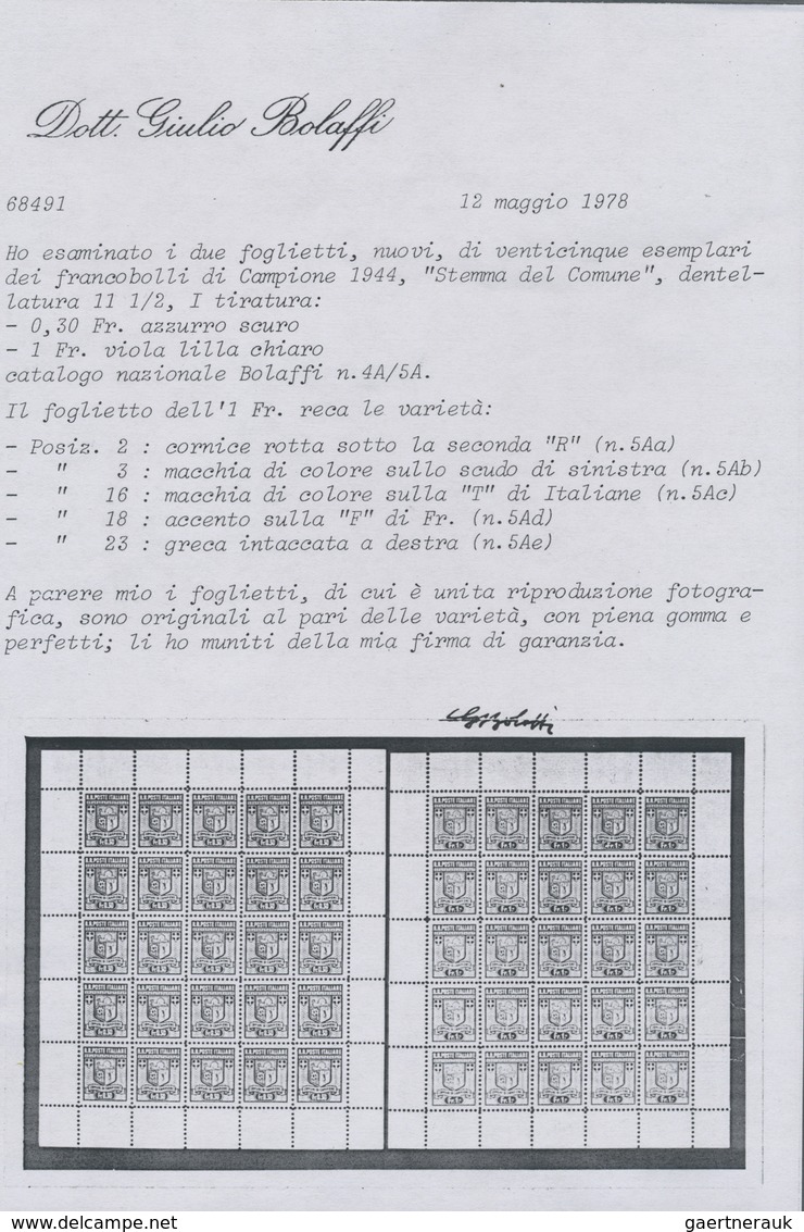 ** Italien - Alliierte Militärregierung - Campione: 1944, Complete Set Corner Margin Block Of Four Mint - Zonder Classificatie