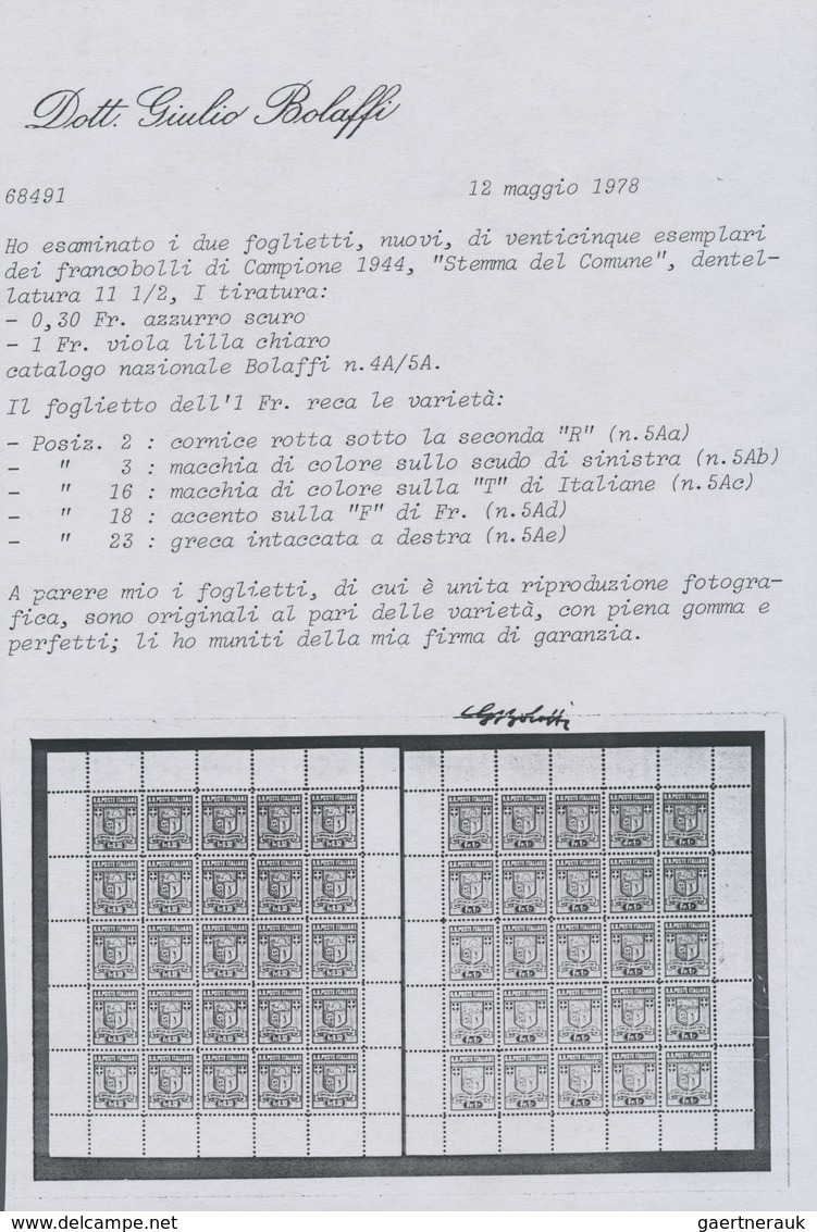 ** Italien - Alliierte Militärregierung - Campione: 1944, 0.05 Fr To 1.00 Fr Coat Of Arms Complete With - Non Classés