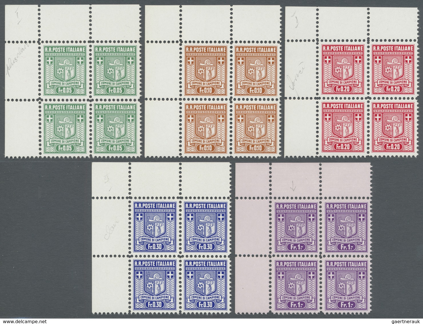 ** Italien - Alliierte Militärregierung - Campione: 1944, Complete Set Corner Margin Block Of Four Mint - Zonder Classificatie