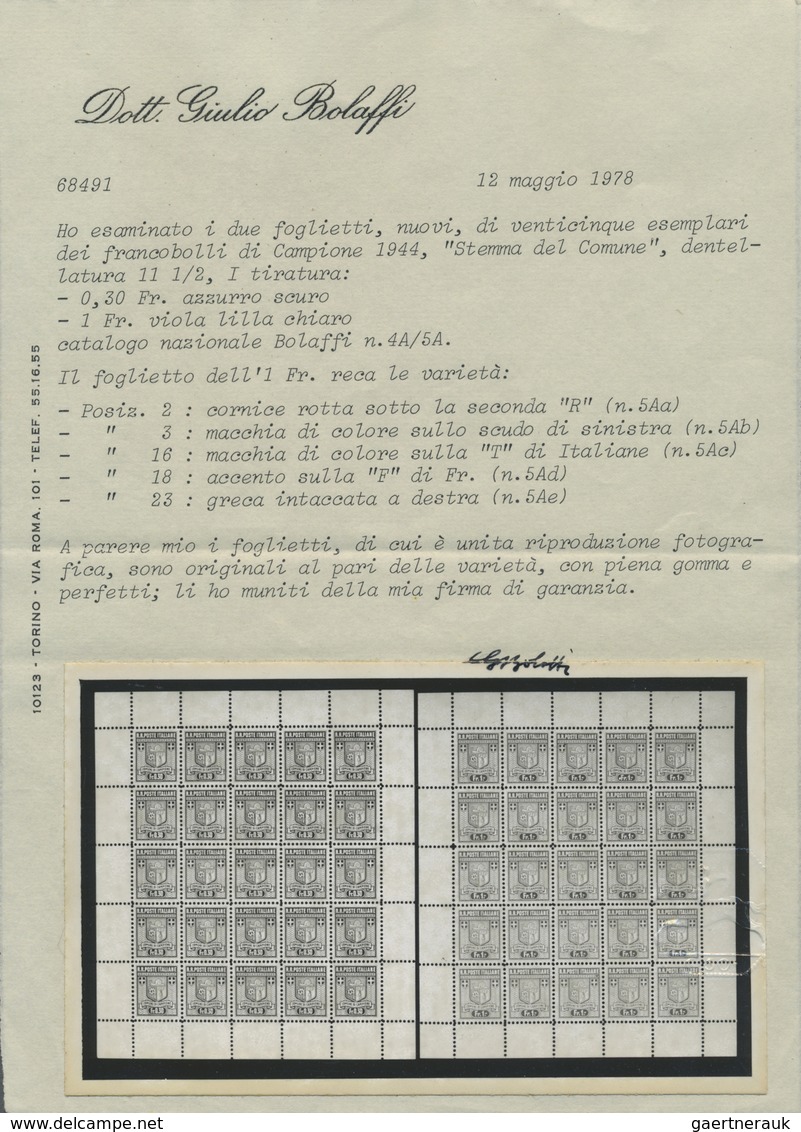 ** Italien - Alliierte Militärregierung - Campione: 1944, Complete Set Corner Margin Block Of Four Mint - Non Classés