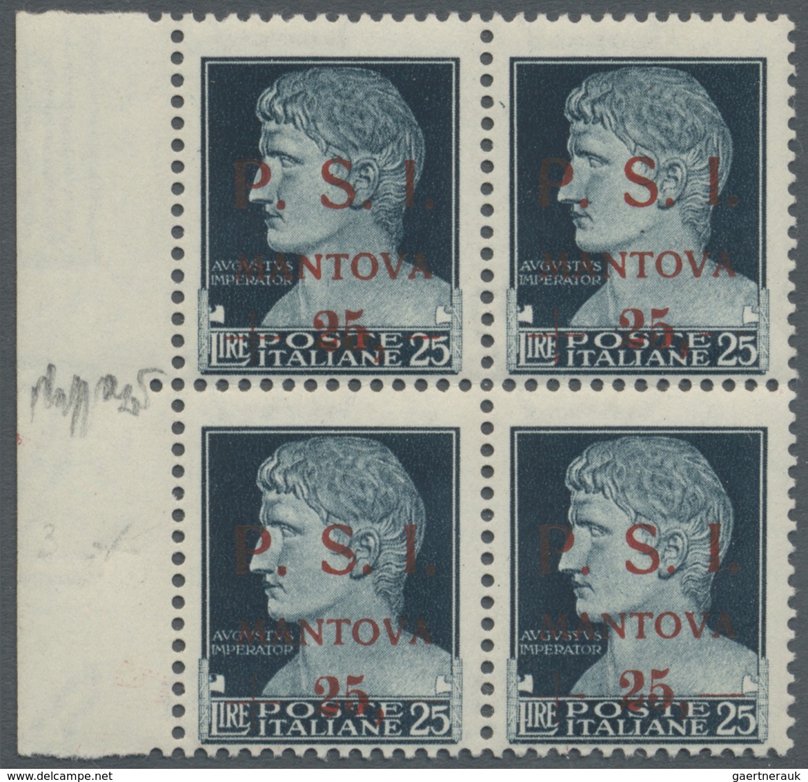 **/ Italien - Lokalausgaben 1944/45 - Mantova: 1944, 25 On 25l. Slate, Marginal Block Of Four, Unmounted - Autres & Non Classés