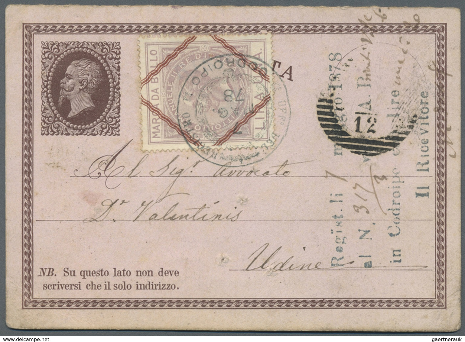 GA Italien - Ganzsachen: 1878: Postal Stationery "Risposta" With Additional "Marca Da Bollo" Lira Una D - Stamped Stationery