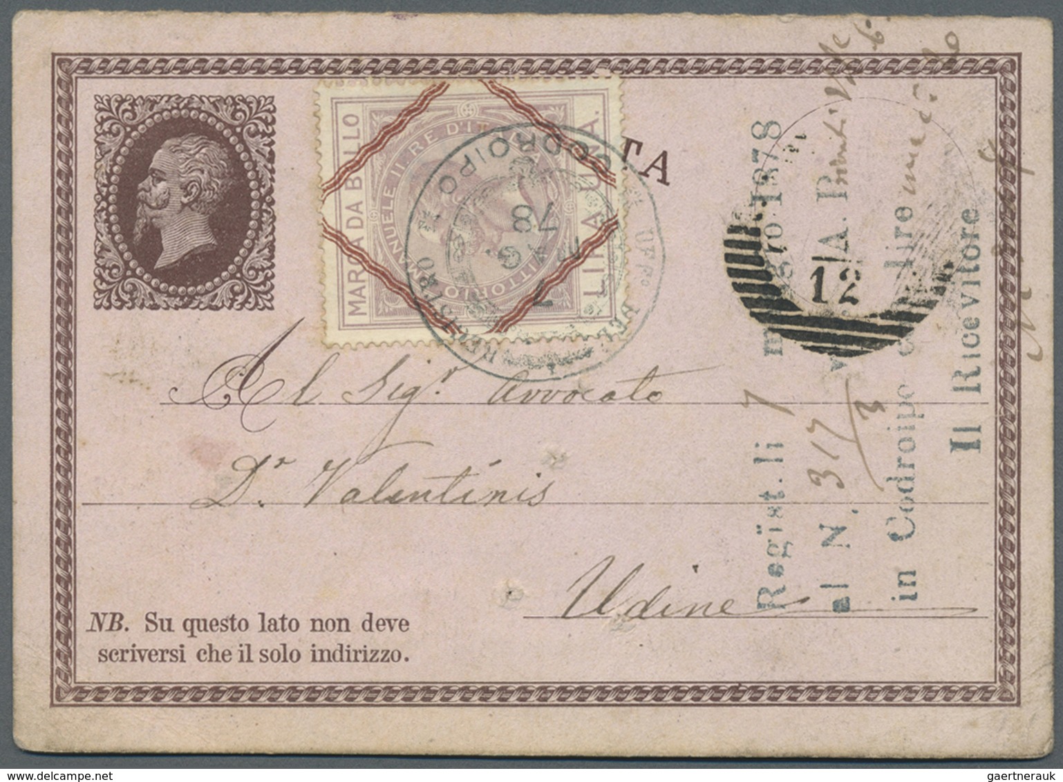 GA Italien - Ganzsachen: 1878: Postal Stationery "Risposta" With Additional "Marca Da Bollo" Lira Una D - Entiers Postaux