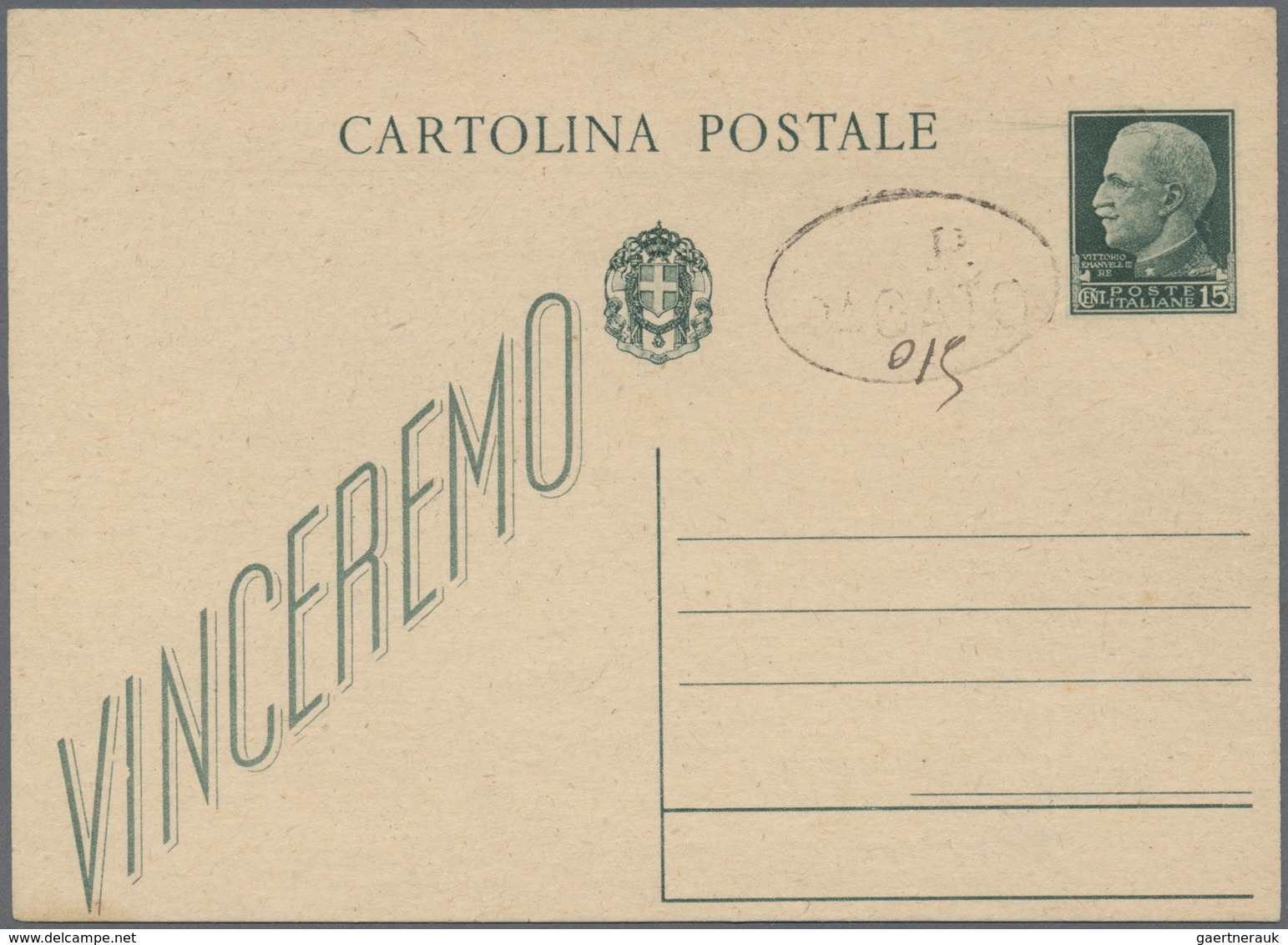 GA Italien - Ganzsachen: 1944 (ca.) Unused Postal Stationery Card 15 C. Green "Vinceremo" With Addition - Stamped Stationery