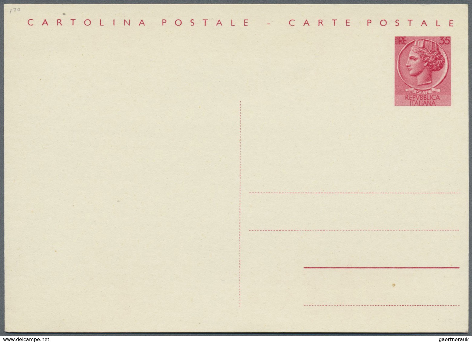 GA Italien - Ganzsachen: 1956: 35 L Bilingual Postal Stationary Card, Unused, Rare. (Mi. #P166; Mi. Cat - Stamped Stationery