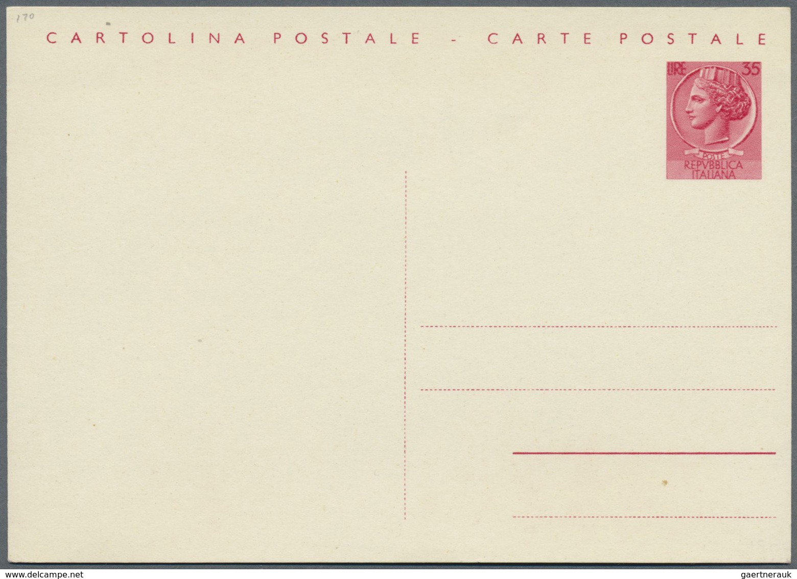 GA Italien - Ganzsachen: 1956: 35 L Bilingual Postal Stationary Card, Unused, Rare. (Mi. #P166; Mi. Cat - Postwaardestukken