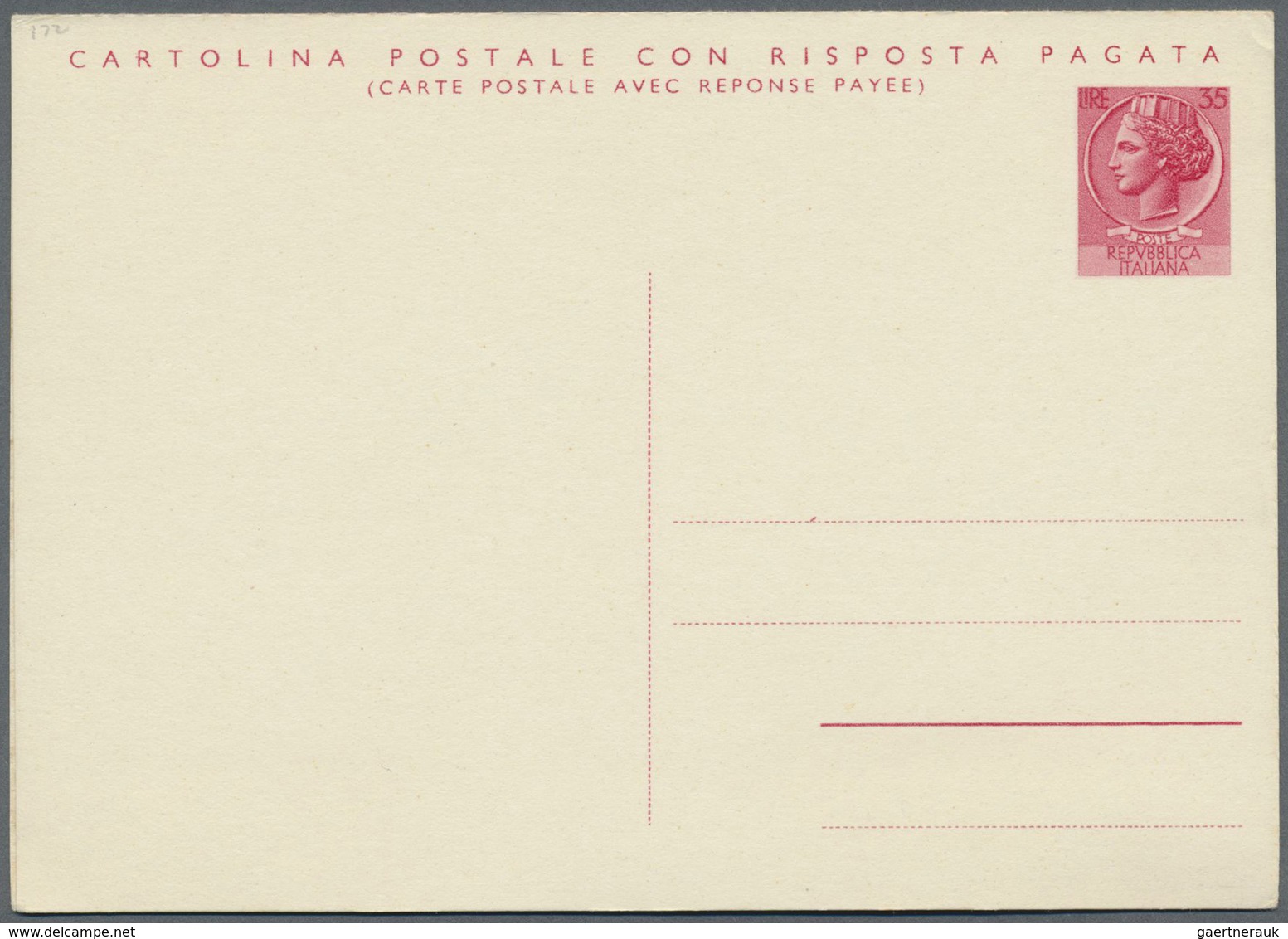 GA Italien - Ganzsachen: 1956: 35 L + 35 L Bilingual Replay Postal Stationary Card, Unused, Rare. (Mi. - Postwaardestukken