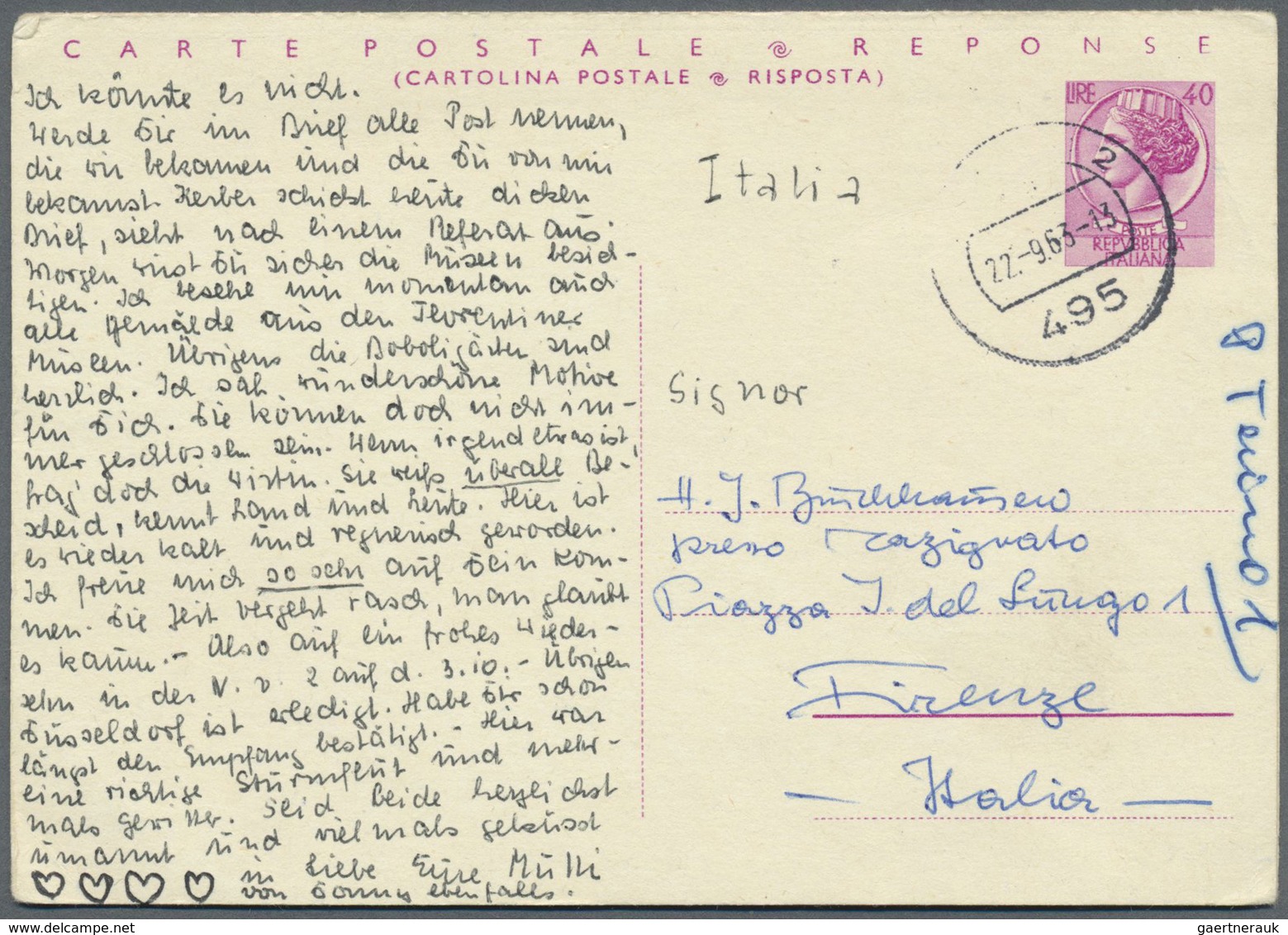 GA Italien - Ganzsachen: 1961: 40 L. + 40 L. Double Postal Stationery Card, "40 L Bilingual", Two Undiv - Stamped Stationery