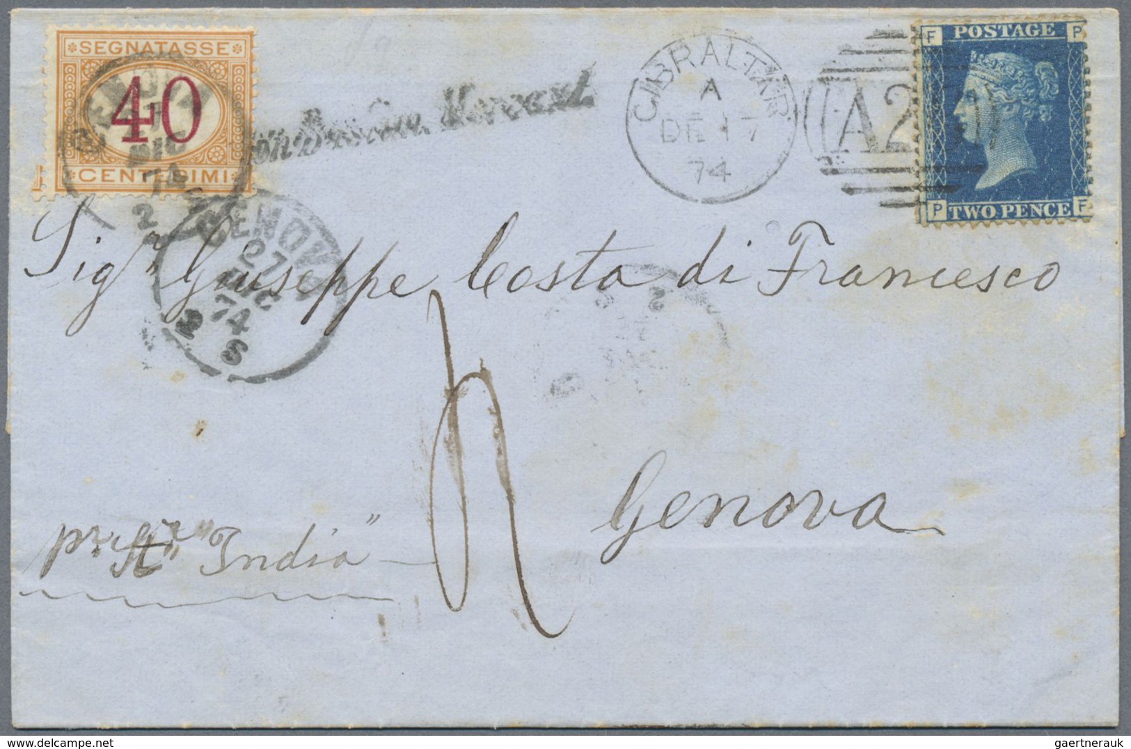 Br Italien - Stempel: 1874, Letter To Genova Franked With 2 D Blue, Plate 14 Cancelled With Duplex "GIB - Marcophilie