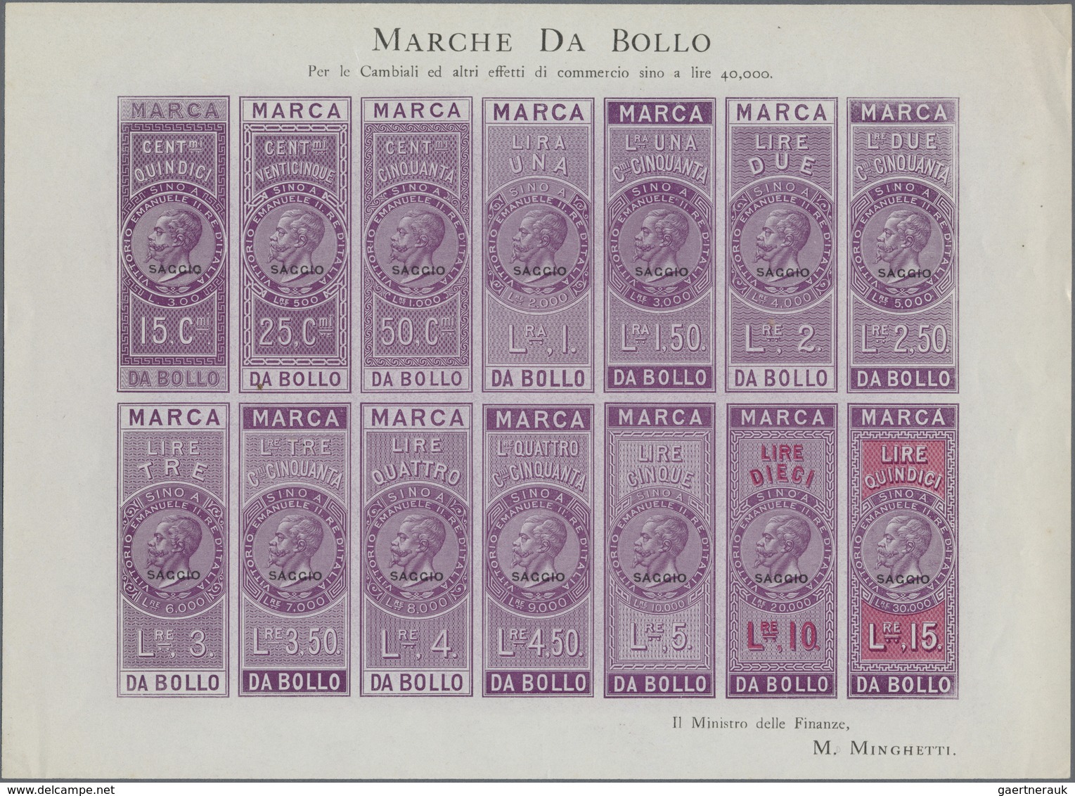 (*) Italien - Besonderheiten: 1870 (approx.), Offset Marks 15 C To 15 L In The Miniature Sheet For Trial - Unclassified