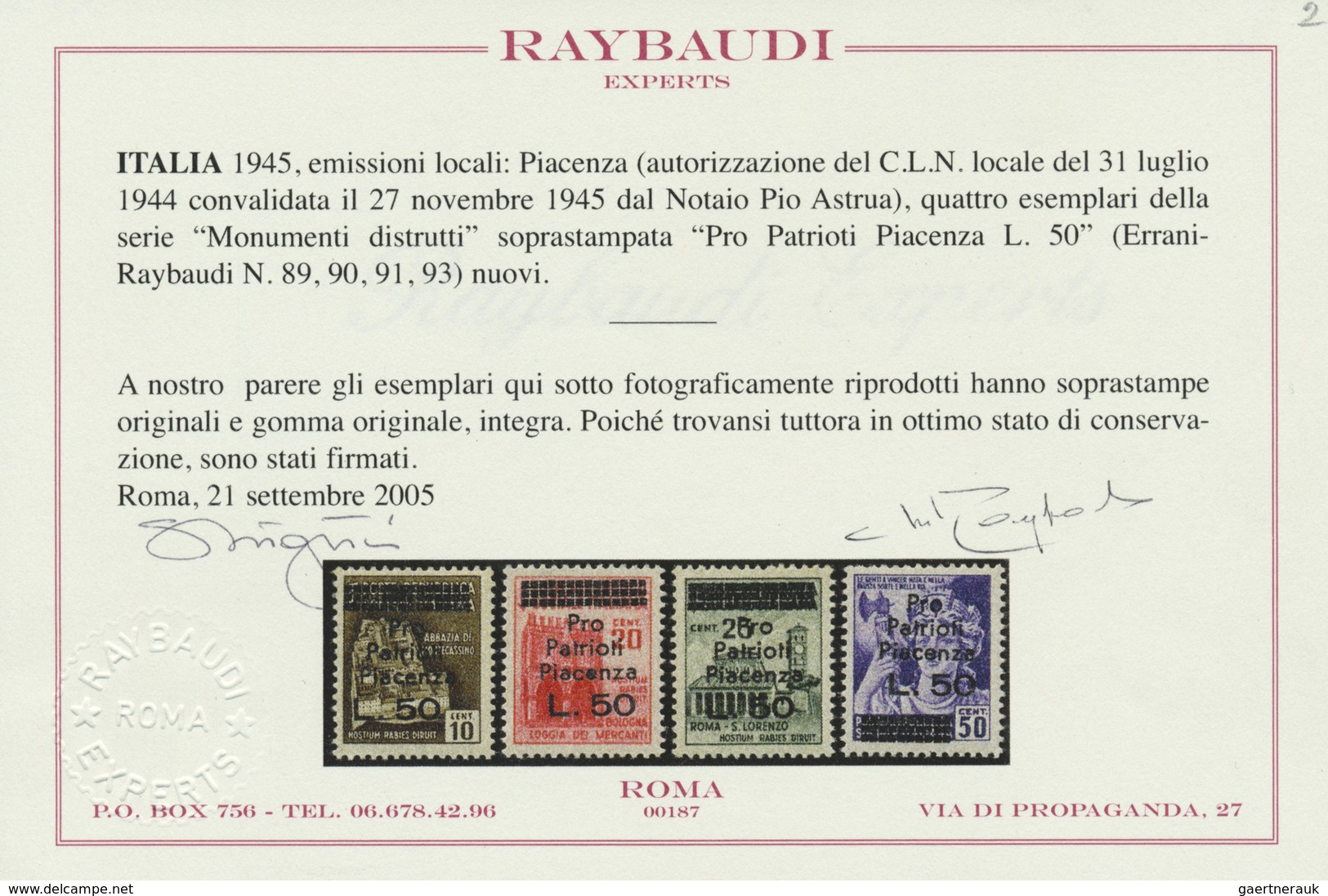 ** Italien - Besonderheiten: PIANCENZA (Local Post): 1945, 4 Items With Overprint "Pro Patrioti Piacenz - Zonder Classificatie