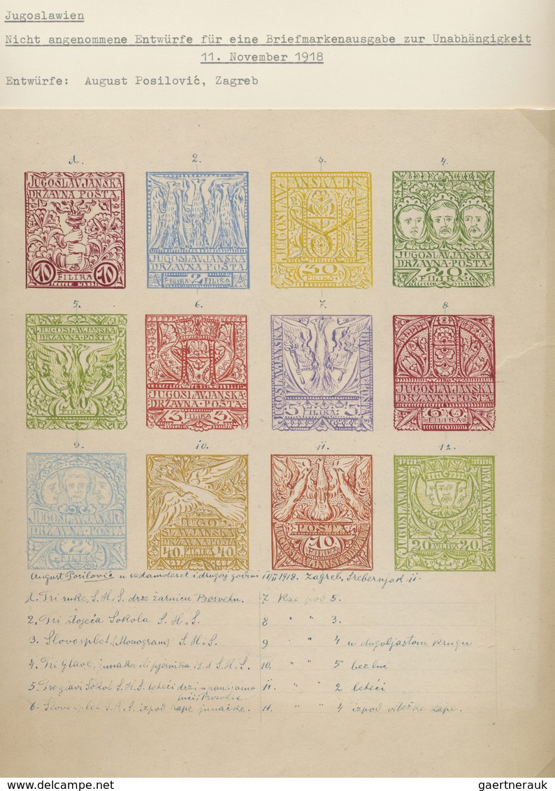 (*) Jugoslawien: 1918, 12 Not Accepted ESSAYS In Different Colours On Cardbord From The Designer August - Brieven En Documenten