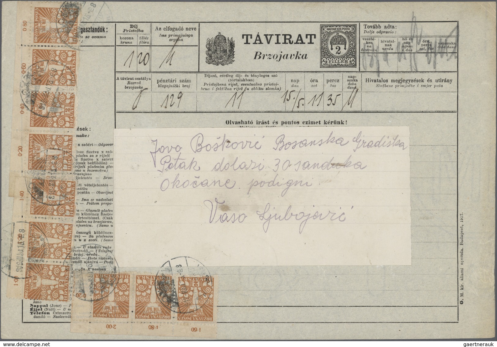 GA Jugoslawien: 1919: Ungarisches Telegramm 2 F. Schwarz Verwendet In Kroatien, Dort Frankiert Mit Der - Lettres & Documents