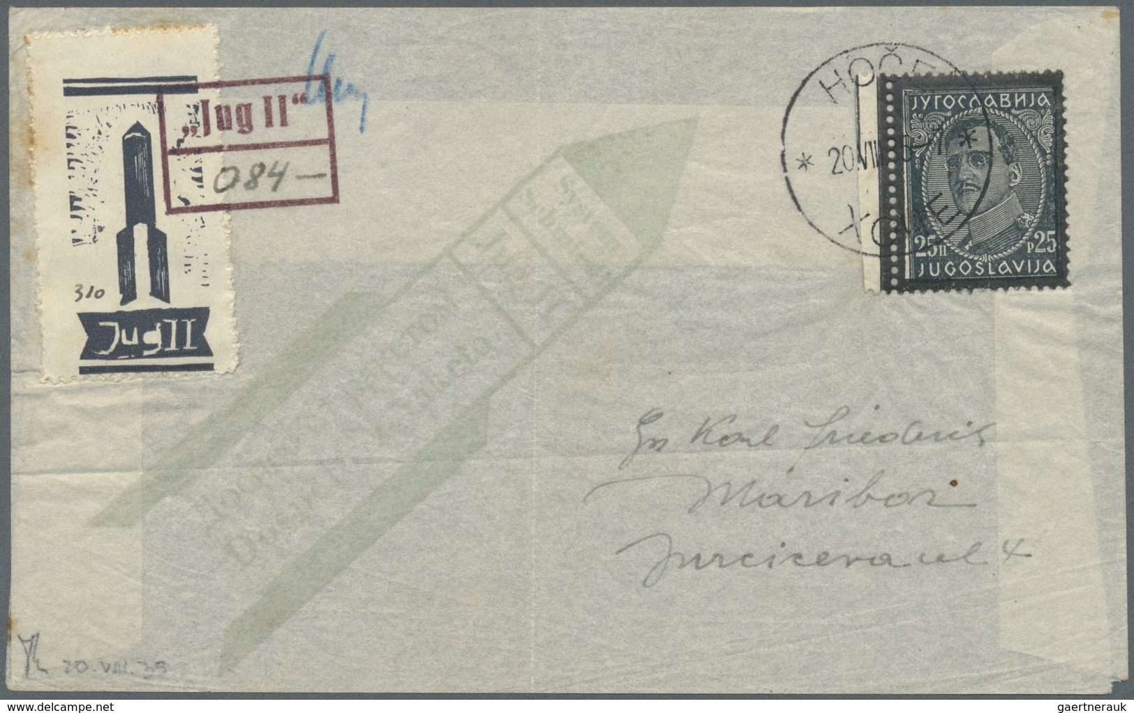 Br Jugoslawien: 1935, ROCKET-MAIL, "Jug II" Rocket-mail Stamp And 25 Pa Black/greyblack With Bilingual - Lettres & Documents