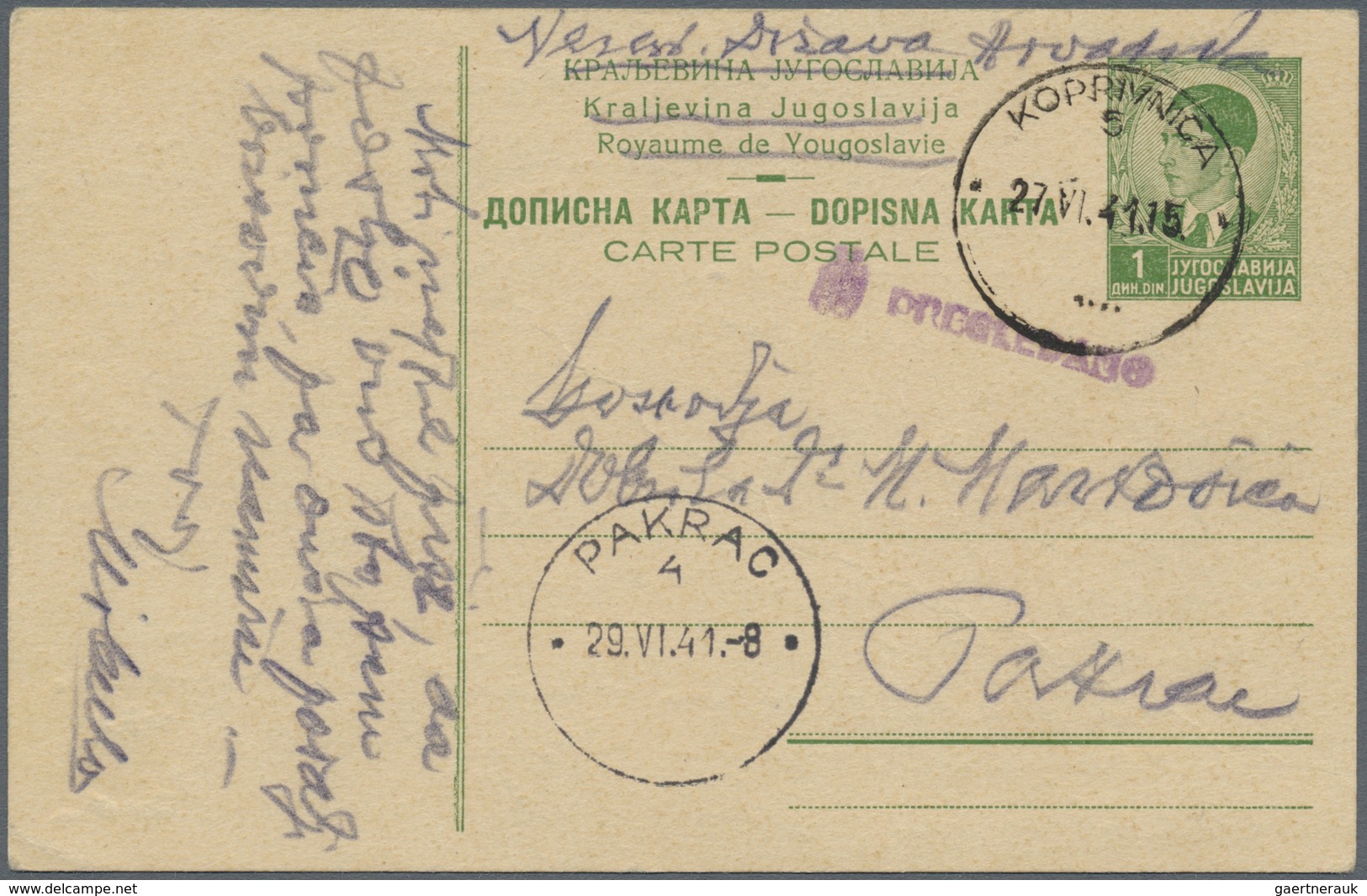 GA Jugoslawien - Ganzsachen: 1941, 1 D Green Yugoslavian Postal Stationery Card Used In Croatia From Ko - Postwaardestukken