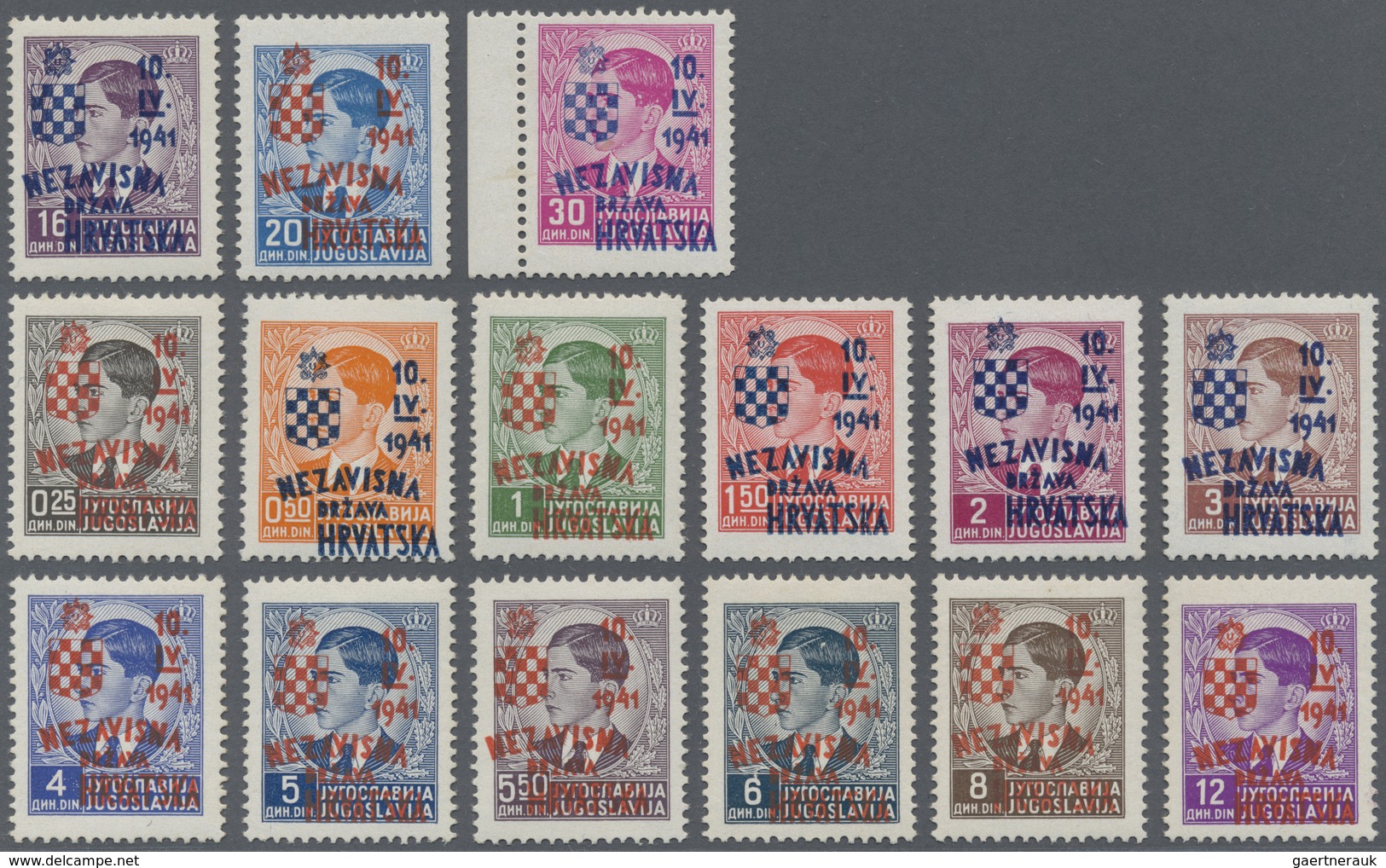 ** Kroatien: 1941, Overprint Issue 25 P. - 30 Din., Complet Set With 15 Stamps, Mint Never Hinged, Fine - Croatie