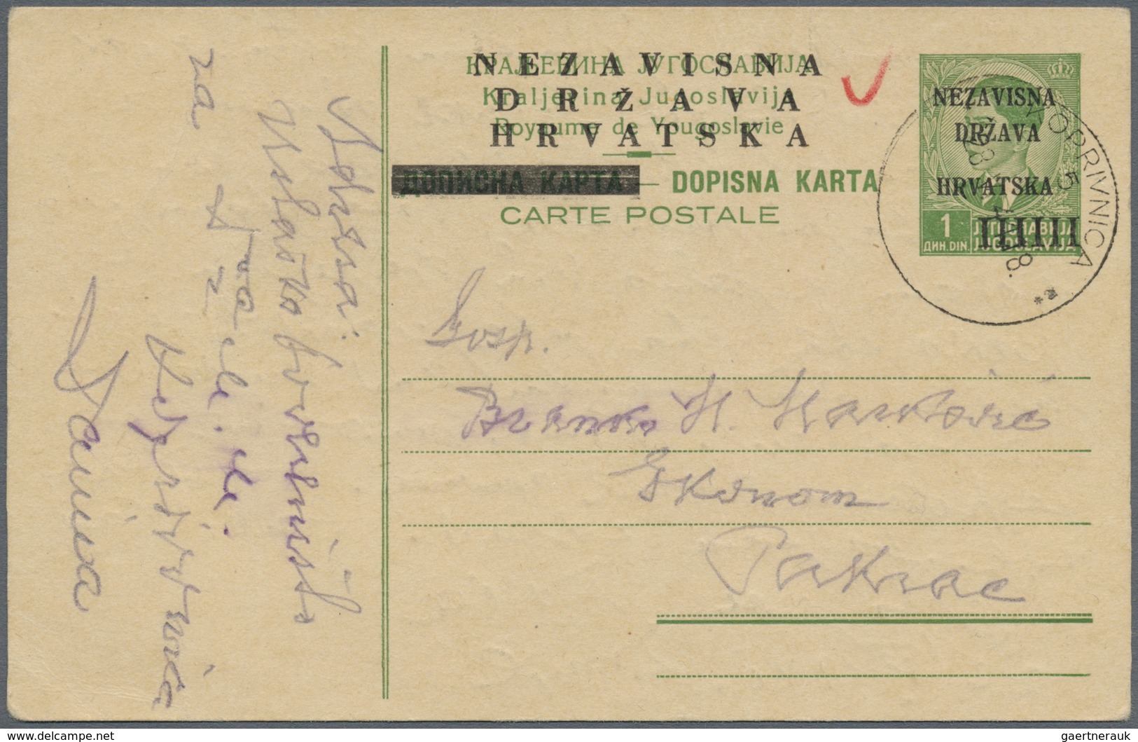 GA Kroatien - Ganzsachen: 1941, Postal Stationery Card Green With Overprint From KOPRIVNICA To Pakrac - Kroatië