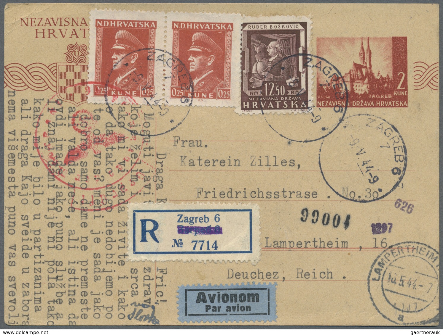 GA Kroatien - Ganzsachen: 1941, GA-Karte 2 Kuna Hintergrund Ohne Sonnenstrahlen Mit Zusatzfrankatur Als - Kroatië