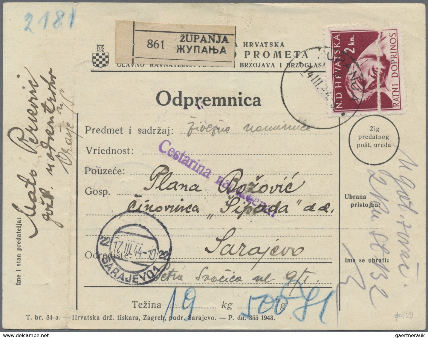 Br Kroatien - Besonderheiten: 1944, Dienst-Paketkarte Von Zupanja (14.3.1944) Nach Sarajevo, Für Paket - Croatie