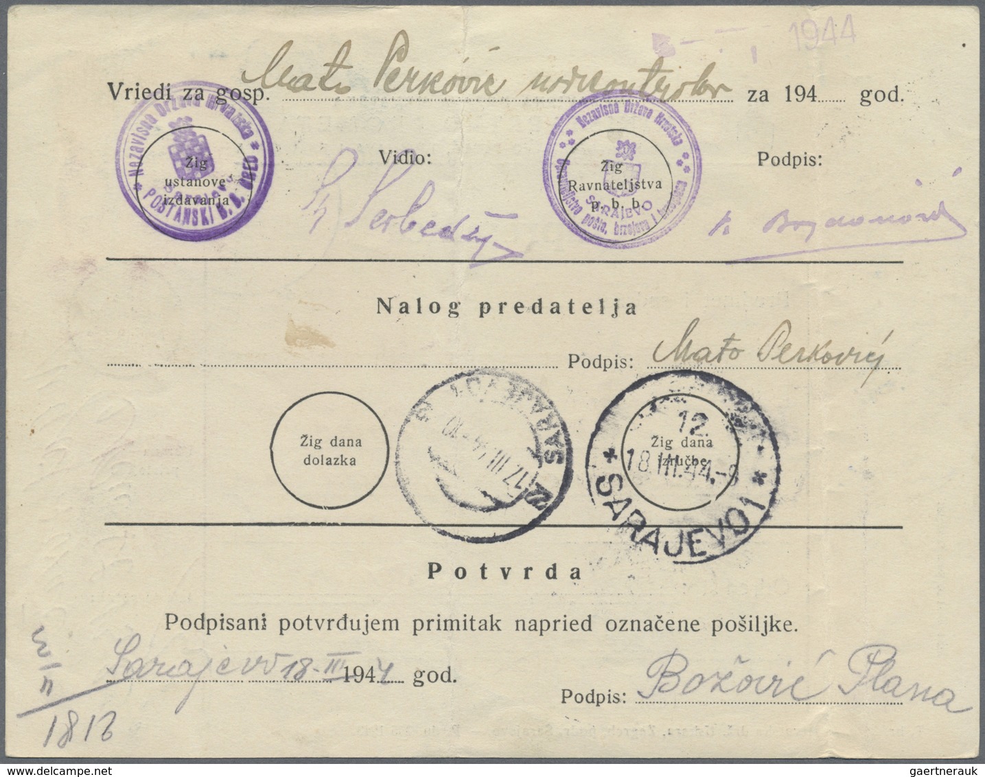 Br Kroatien - Besonderheiten: 1944, Dienst-Paketkarte Von Zupanja (14.3.1944) Nach Sarajevo, Für Paket - Croatie