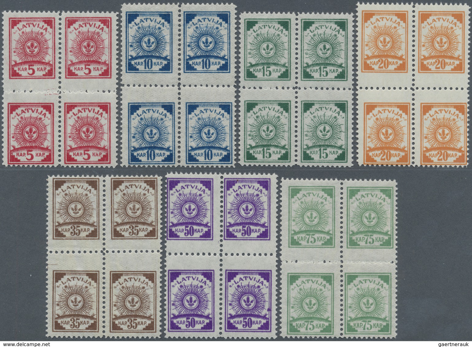 ** Lettland: 1919, Freimarken Symbolik, 7 Werte Im Postfrischen Viererblock Mit Seltener Zähnung L 9¾ W - Lettonie