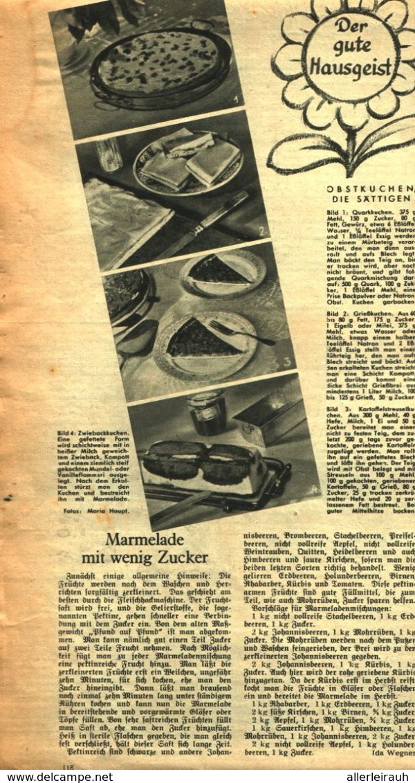 Marmelade Mit Wenig Zucker, Obstkuchen, Die Sättigen / Kochrezepte,entnommen Aus Zeitschrift /1944 - Bücherpakete