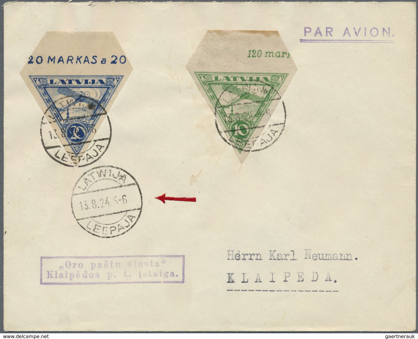 Br Lettland: 1924, 10r. Green And 20r. Blue, Two Top Marginal Copies On Airmail Cover From "LEEPAJA 13. - Lettonie