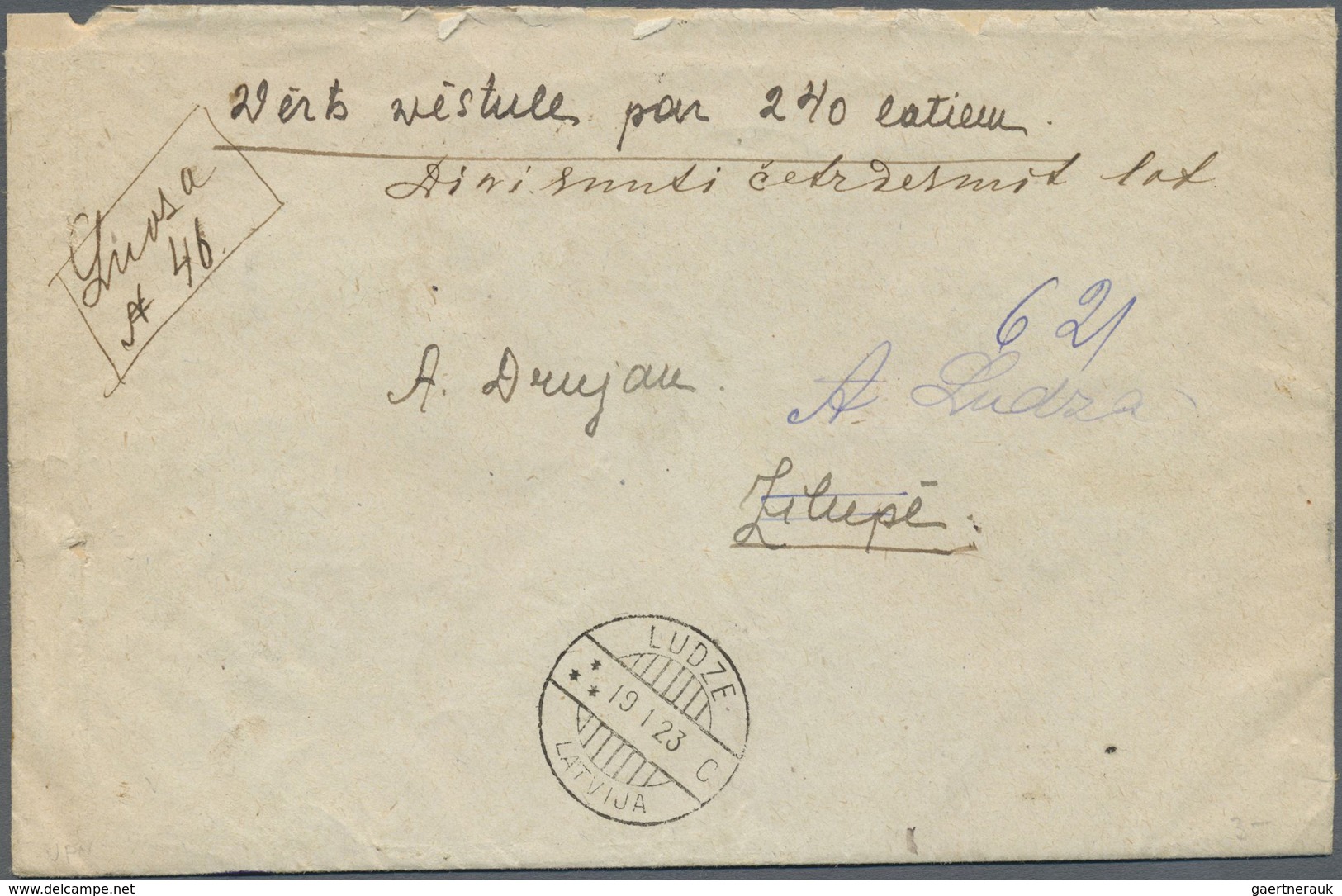 Br Lettland: 1923, 127rbl. Franking (=2.54lat.) On Reverse Of Insured Letter 240lat./10gr. From "LUDZE - Lettonie