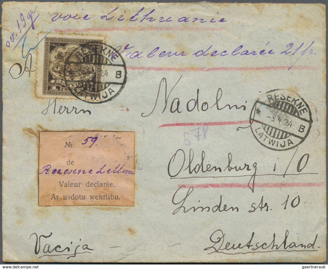 Br Lettland: 1924, 1lat Brown, Single Franking On Insured Letter 21fr./19gr. From "RESEKNE B 8.4.24" (H - Letland