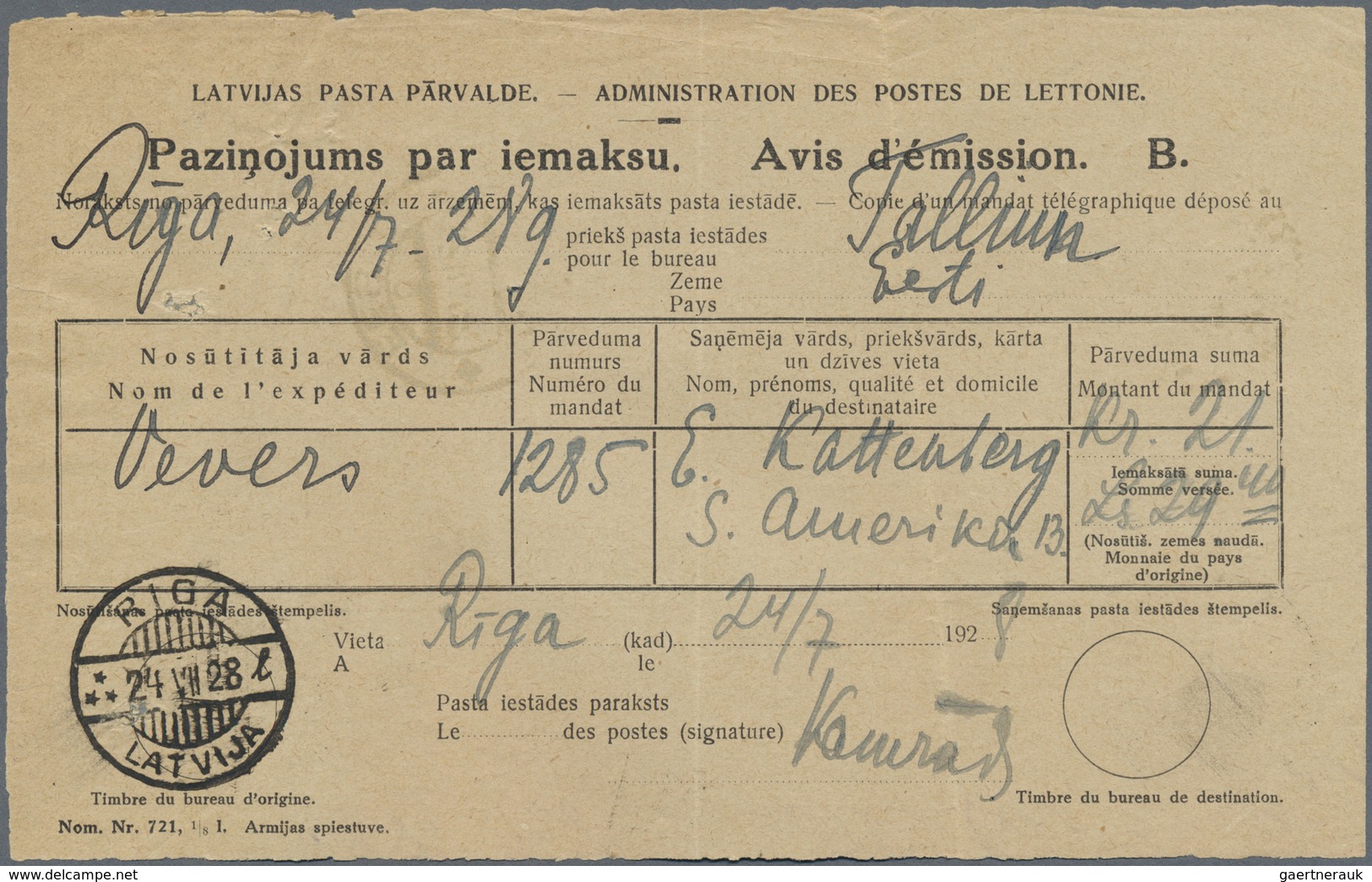 Br Lettland: 1927, 20 S. Rose Tied By Cds. "RIGA 1.III.34" To Reverse To Complete Money Transfer Telegr - Letland