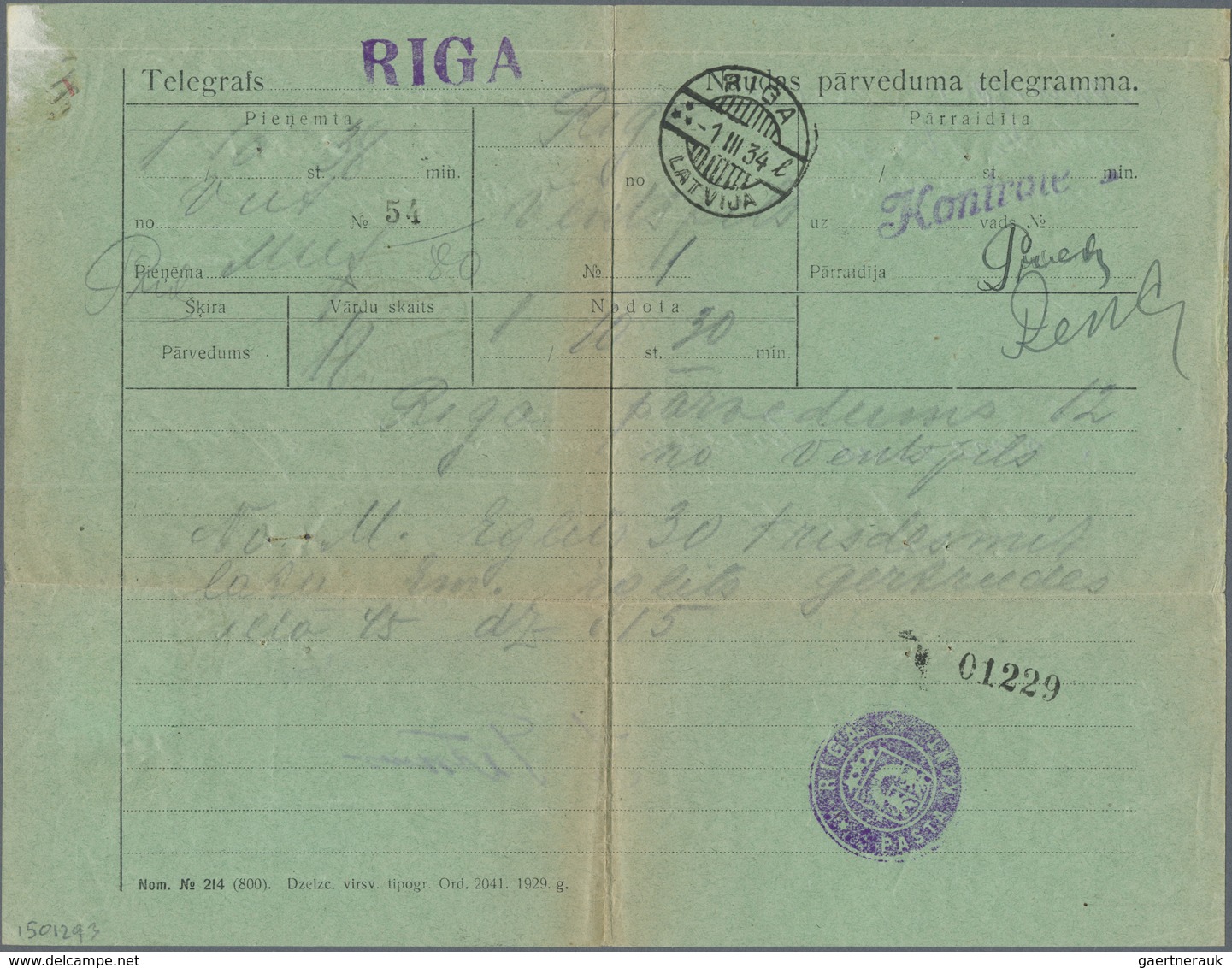Br Lettland: 1927, 20 S. Rose Tied By Cds. "RIGA 1.III.34" To Reverse To Complete Money Transfer Telegr - Letland